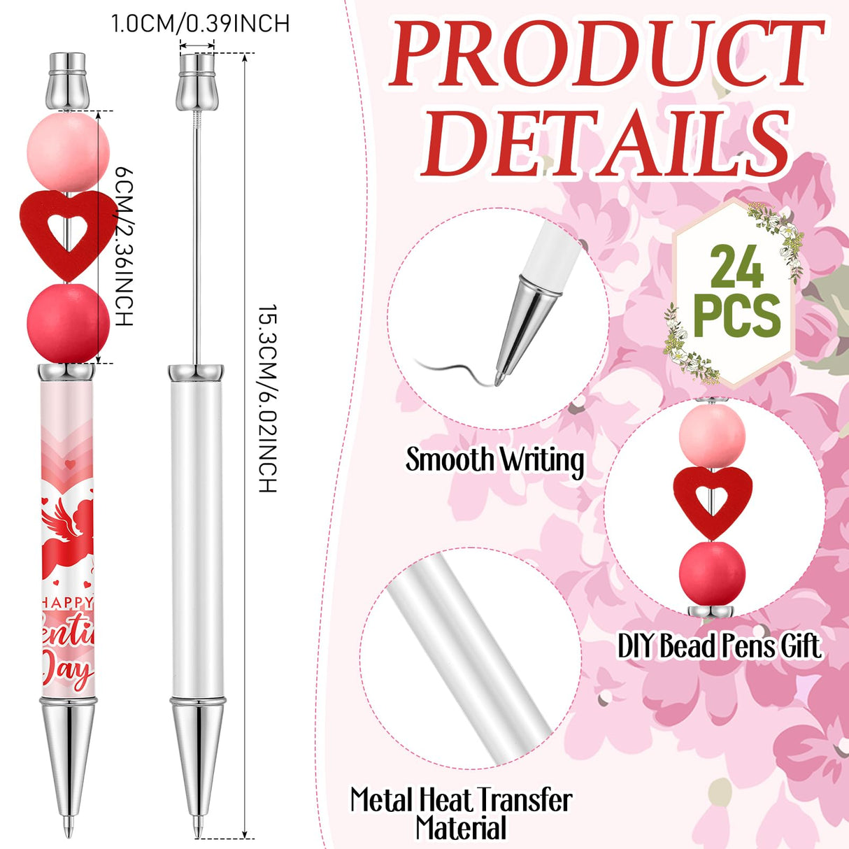 Spakon 24 Pcs Sublimation Beadable Blank Pens Metal Bead Pens DIY Heat Transfer Ballpoint Pen Black Ink Pen Personal Customization Pen Gift for Guest Wedding Students Teacher Office School Spakon