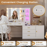 HAUOMS White Makeup Vanity with Lights Vanity Desk with Mirror, Large Vanity Table Set with Drawer Dresser, Charging Station & RGB Cabinets, Makeup Table with 5 Drawers and Storage Shelves, White HAUOMS
