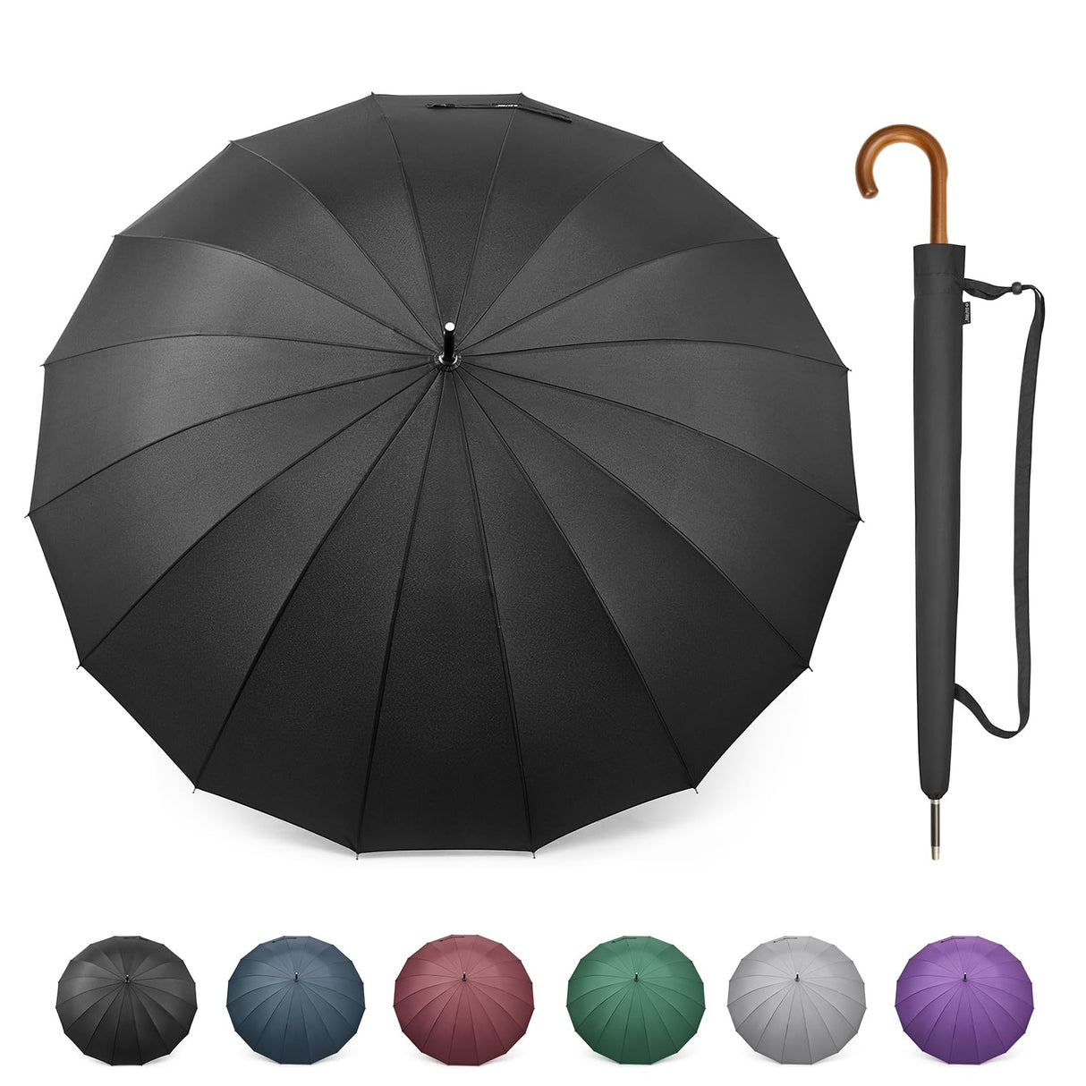 G4Free 54 Inch Large Windproof Umbrella for 2 Persons, 16 Ribs Auto Open Classic Wooden J Handle Cane Stick Golf Rain Umbrellas for Men Women Travel 120cm G4Free