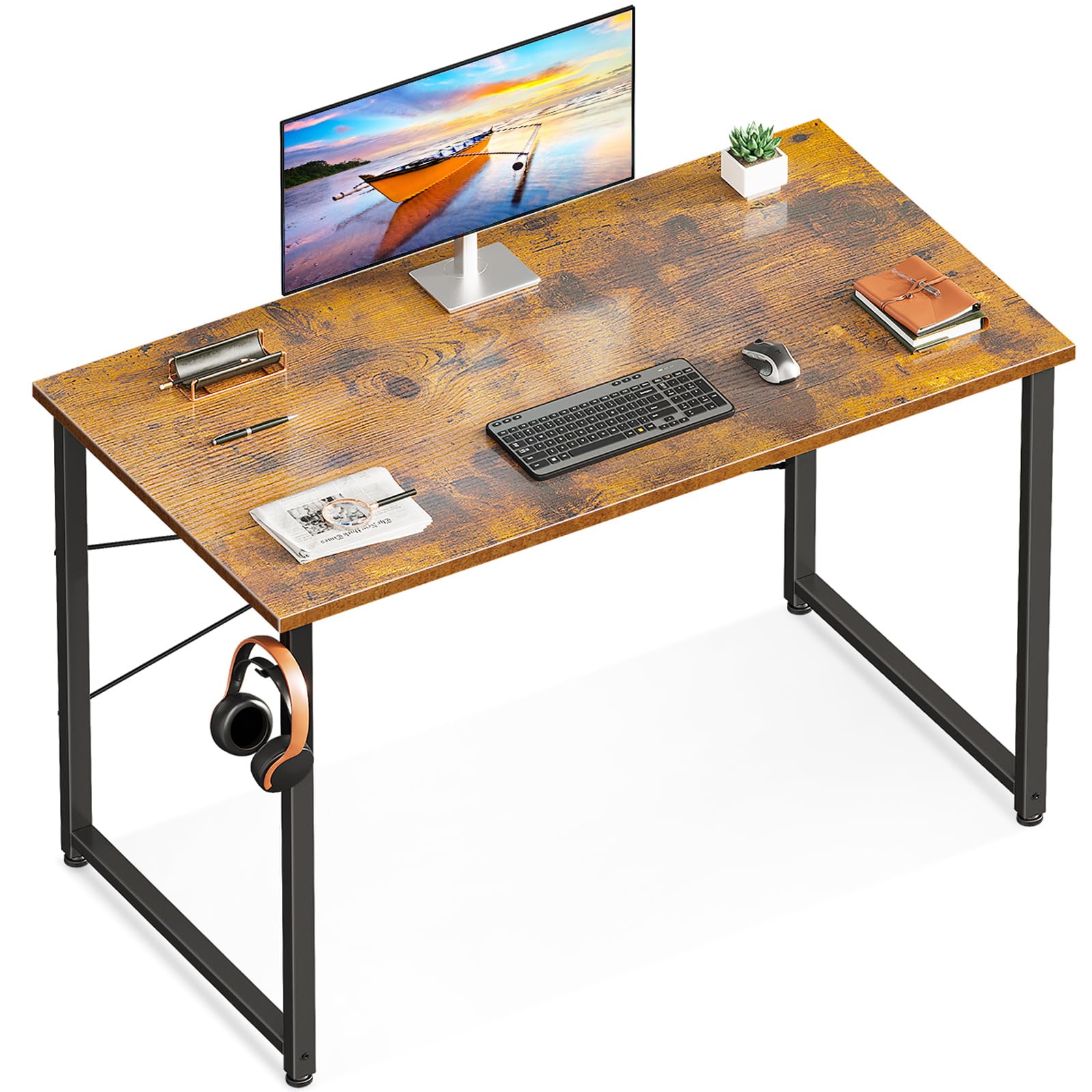 Casaottima 40 Inch Small Computer Desk for Home Office, Study Writing Table for Small Spaces, Simple Modern Desk with Headphone Hooks, Rustic Brown - WoodArtSupply