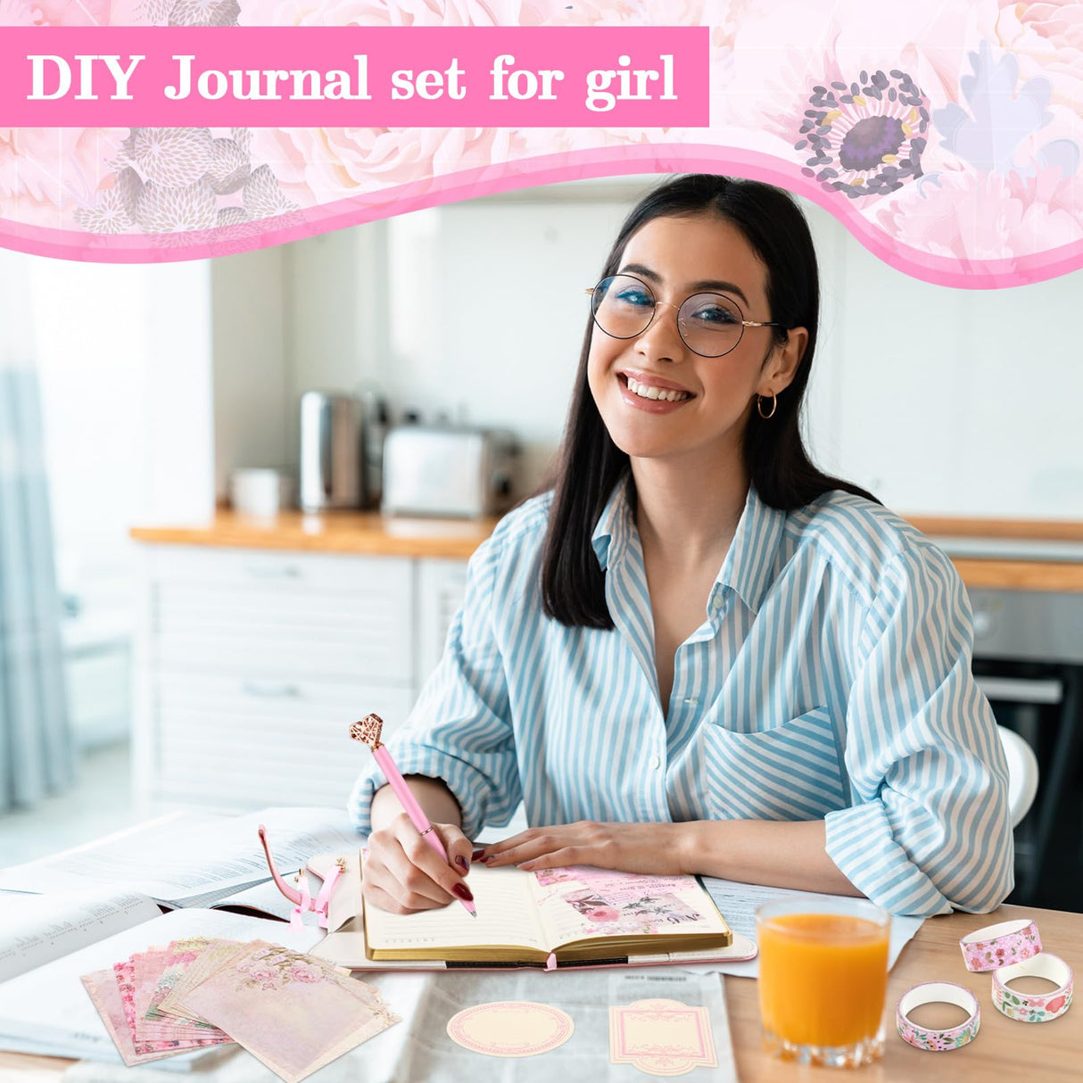 Janlaugh DIY Journal Diary with Lock Set Scrapbook Kit Stationary Diary Supplies Art Crafts Kit for Birthday Holidays Ideal Gifts for Women Teen Girls(Pink,Classic) Janlaugh