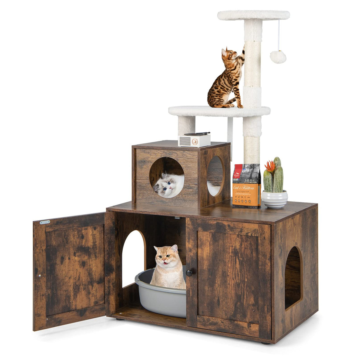 Tangkula 2-in-1 Litter Box Enclosure With Cat Tree Tower, Hidden Washroom With Condo, Plush Perch, Scratching Posts, Furniture With Divider for Indoor Cats (Rustic Brown) Tangkula