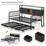 ADORNEVE Daybed with Trundle, Twin Day Bed with Storage Headboard & Charging Station, Height Adjustable Metal Trundle Bed Twin, Sofa Bed Frame for Living Room, Bedroom and Guest Room, Black ADORNEVE