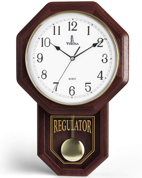 Pendulum Wall Clock - Real Wood Regulator Clock - Schoolhouse Design - Quiet, Non-Chiming, Wooden & Battery Operated - Decorative Wall Decor for Living Room, Home, Office 18x11 Lovely Home Essentials
