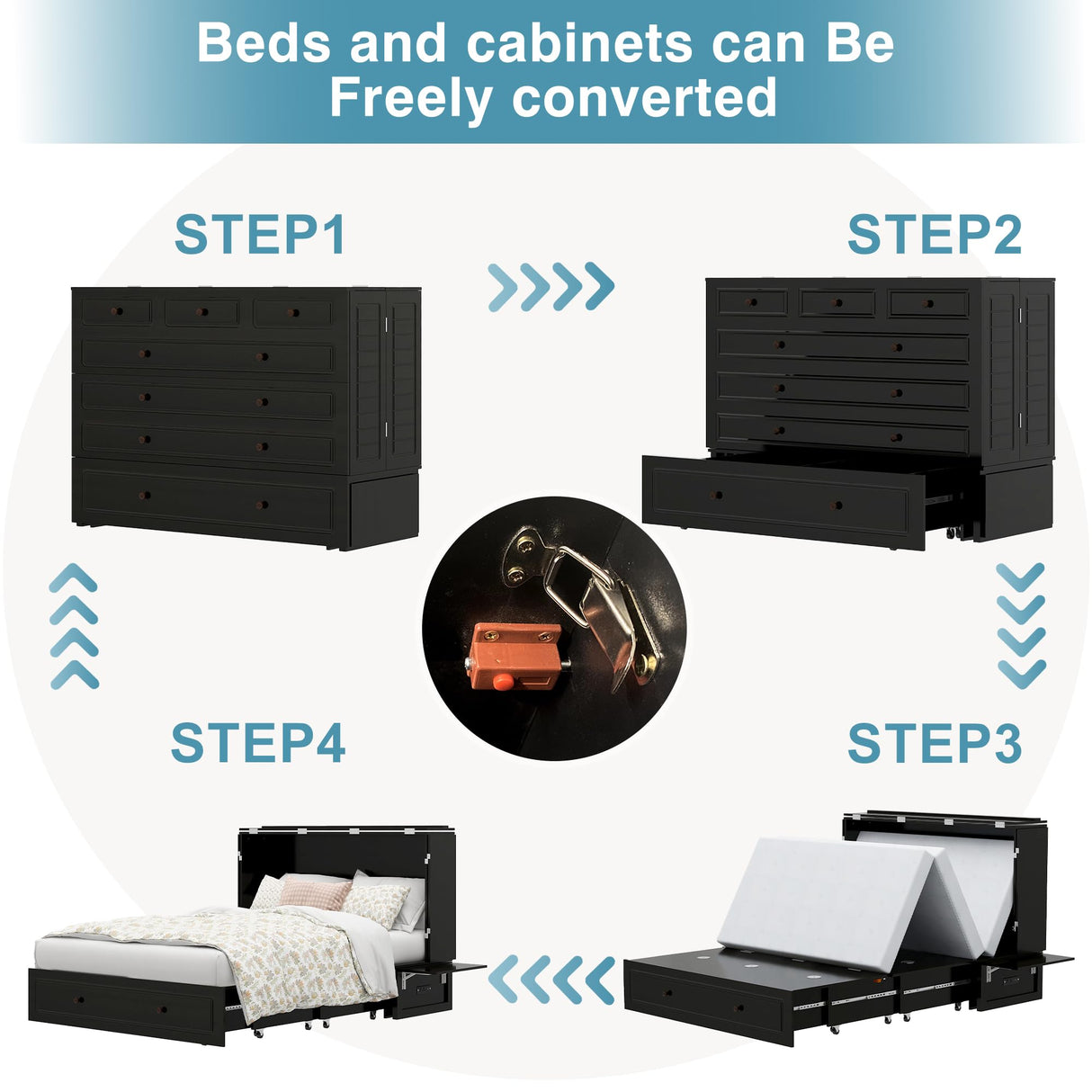 ClassyCabin Murphy Bed Queen Cabinet Without Mattress: Retro Black Wood Handle Murphy Bed Cabinet with USB Port & Small Shelves, Space Saving Wall Chest Bed with 2 Large Drawer for Home ClassyCabin