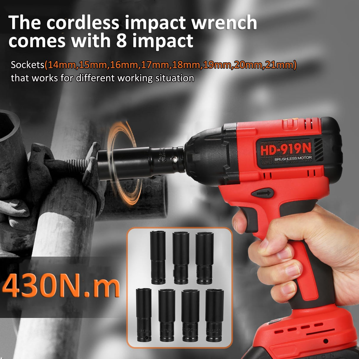 Lepmerk Brushless Cordless Impact Wrench Set, 1/2 inch, 320 ft-lbs / 430N.m Max Torque, Includes 3.0A Li-ion Battery and 8 Impact Sockets for Car Tires Lepmerk