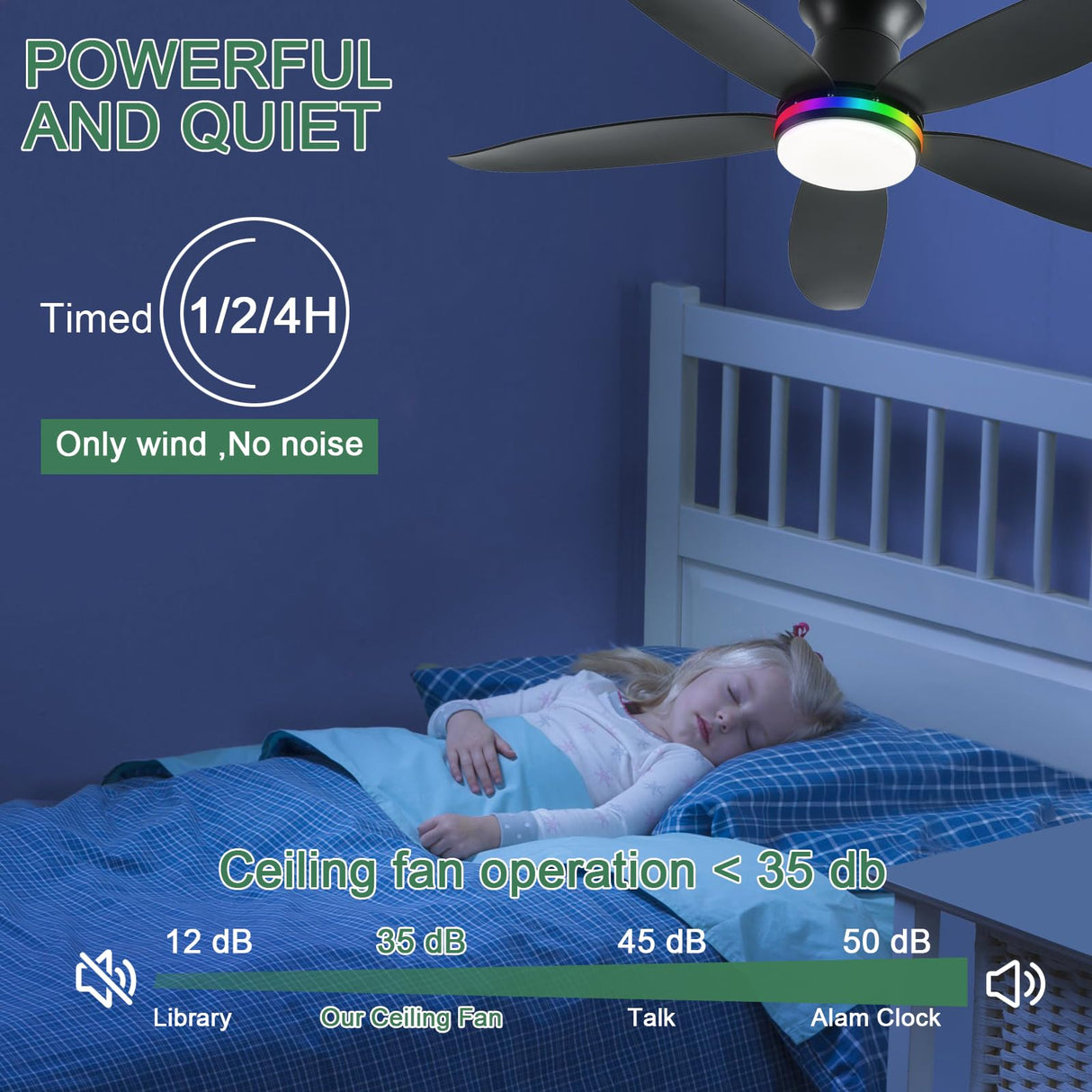 JSAITEE Ceiling Fan with Light, 48" RGB Low Profile Ceiling Fans with Lights and Remote Control, Dimmable, DC Reversible Motor, Noiseless, 6 Speeds Flush Mount Black Ceiling Fan for Bedroom JSAITEE