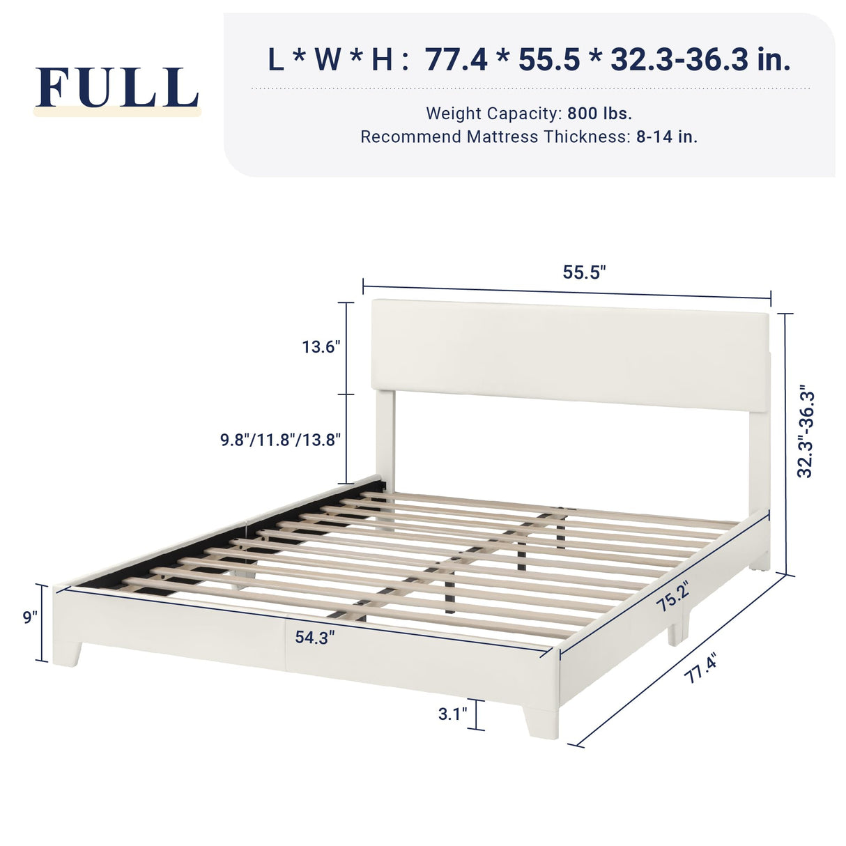 Allewie Full Size Bed Frame with Adjustable Headboard, Faux Leather Platform Bed with Wood Slats, Heavy Duty Mattress Foundation, No Box Spring Needed, Noise-Free, Easy Assembly, White Allewie