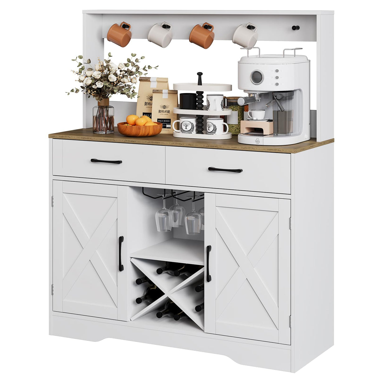 Buffet Cabinet with Storage,Sideboard Kitchen Storage Cabinet41.7 L x15.5 W x 47" H Farmhouse Coffee Bar Cabinet, with 2 Drawers and Shelves,Coffee Station Home Liquor Bar,White Mufico