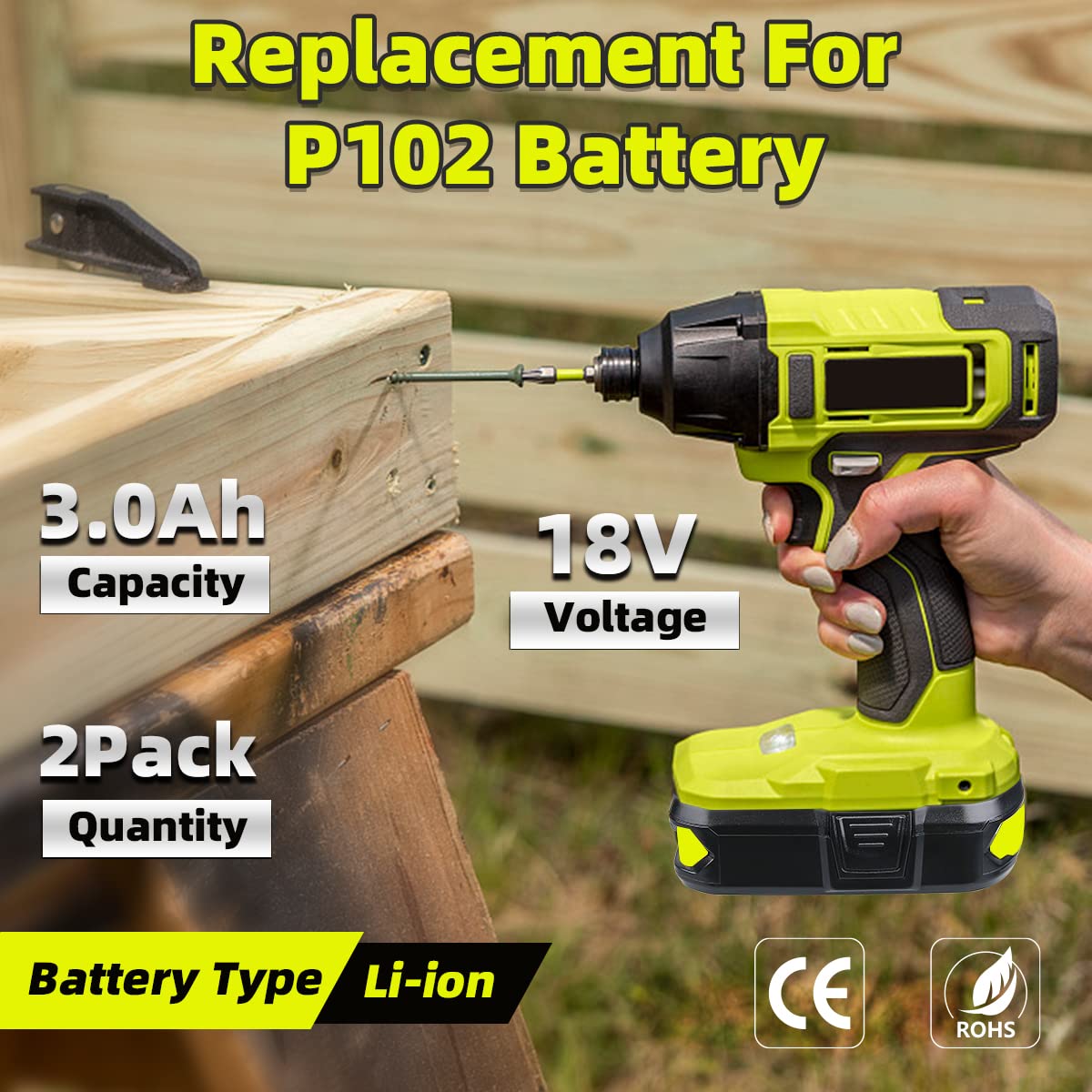 Masione 2Pack 3.0Ah 18V P102 Lithium-Ion Replacement for Ryobi 18v Battery P102 P103 P104 P105 P107 P108 P109 P190 Compatible with Ryobi Batteries Cordless Power Tools Masione