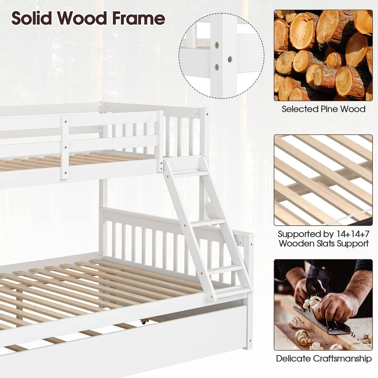 KOMFOTT Solid Pine Wood Twin Over Full Bunk Bed with Trundle and Safety Guardrails KOMFOTT