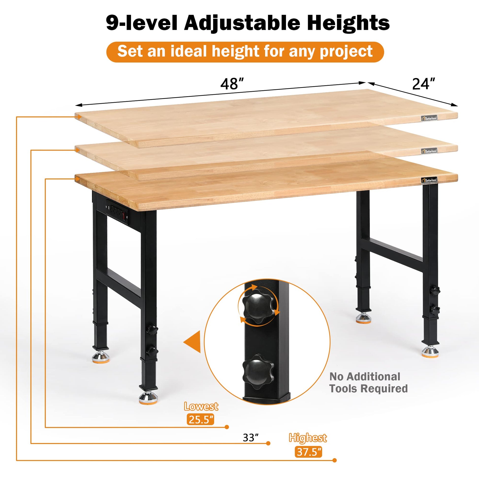 Betterhood Adjustable Height Workbench, 48" Rubber Wood Top Heavy Duty Workstation with Power Outlets, 2000 LBS Load Capacity Hardwood Worktable for - WoodArtSupply