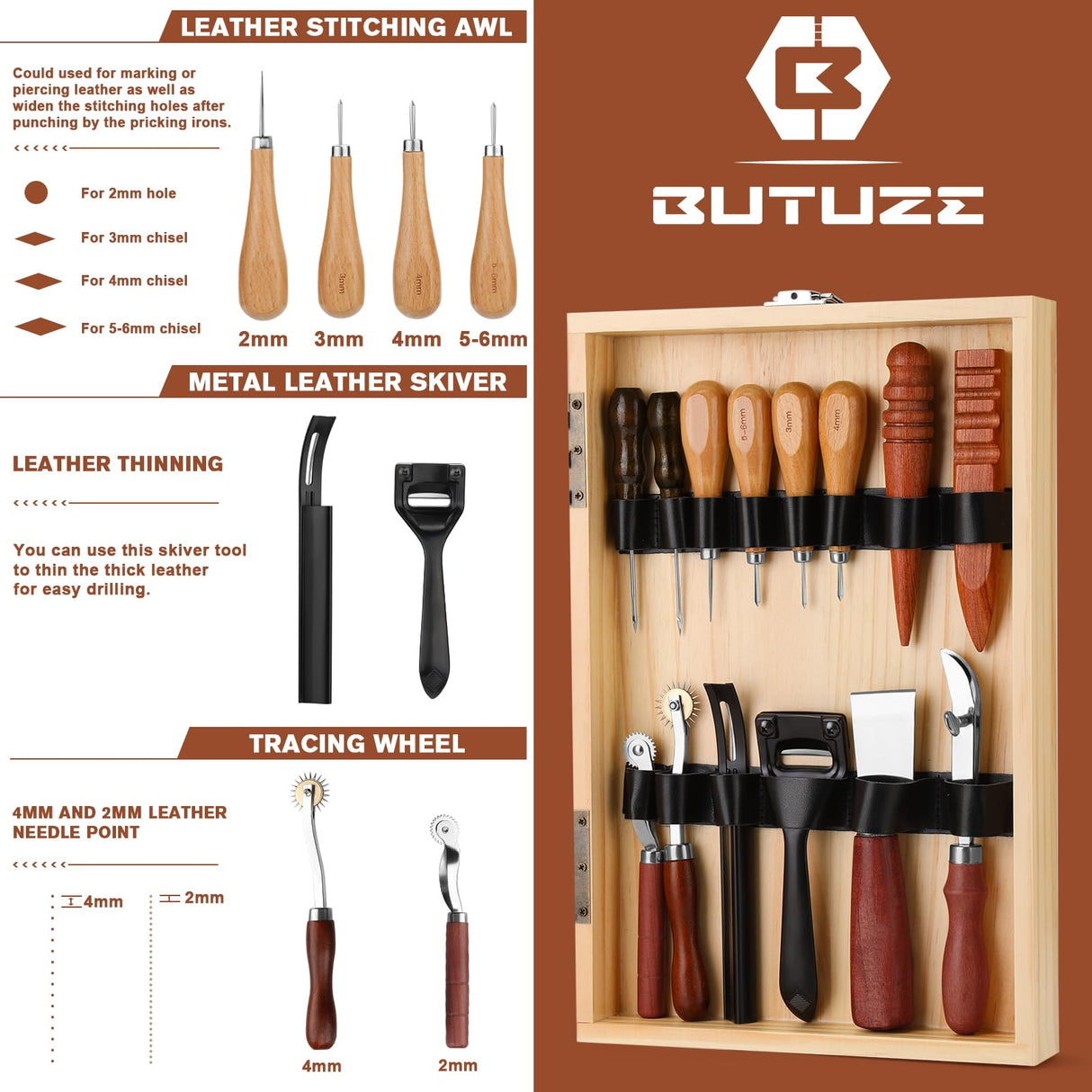 BUTUZE Leather Working Kit, Boxed Leather Tooling Kit, Leather Crafting Tool Kit, Cutting, Punching, Carving, Heavy Duty Leather Sewing Kit Professional Leather Working Tools and Supplies BUTUZE