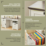 JanflyHome Executive Desk with File Storage Drawer, 63" Lift Top Farmhouse Home Office Gaming Desk with Charging Station, 3 Drawers Sensor Lights Wood Computer Table with Monitor Stand, Antique White JanflyHome