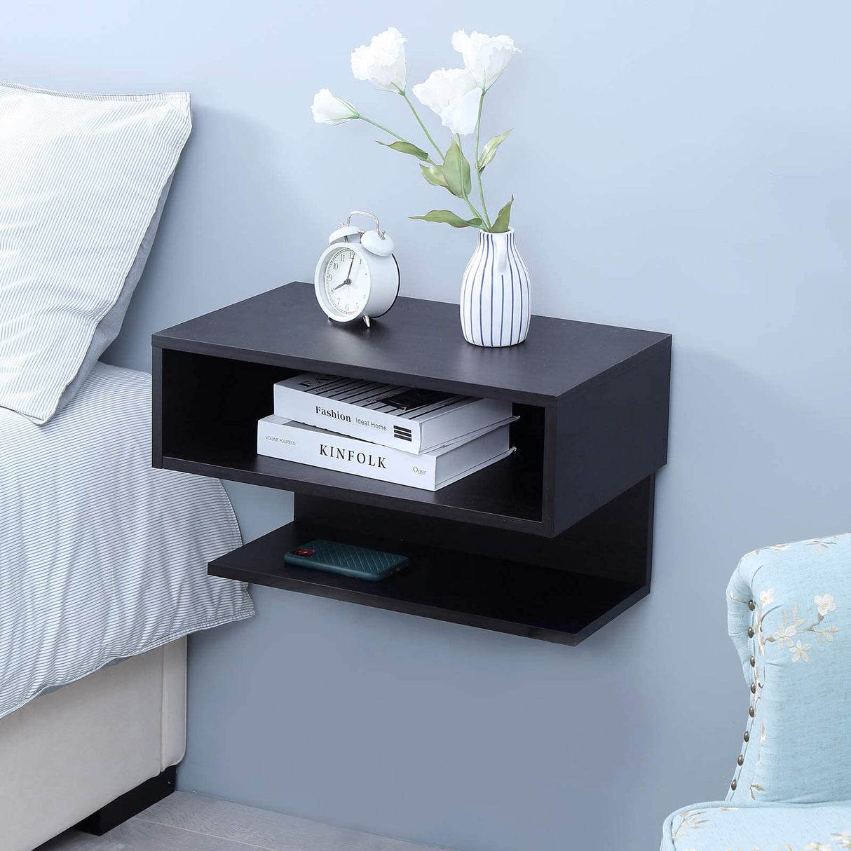 WELLAND Floating Nightstand Side Table.Wall Mounted Shelf with Drawer Storage for Living Room, Bedroom. WELLAND