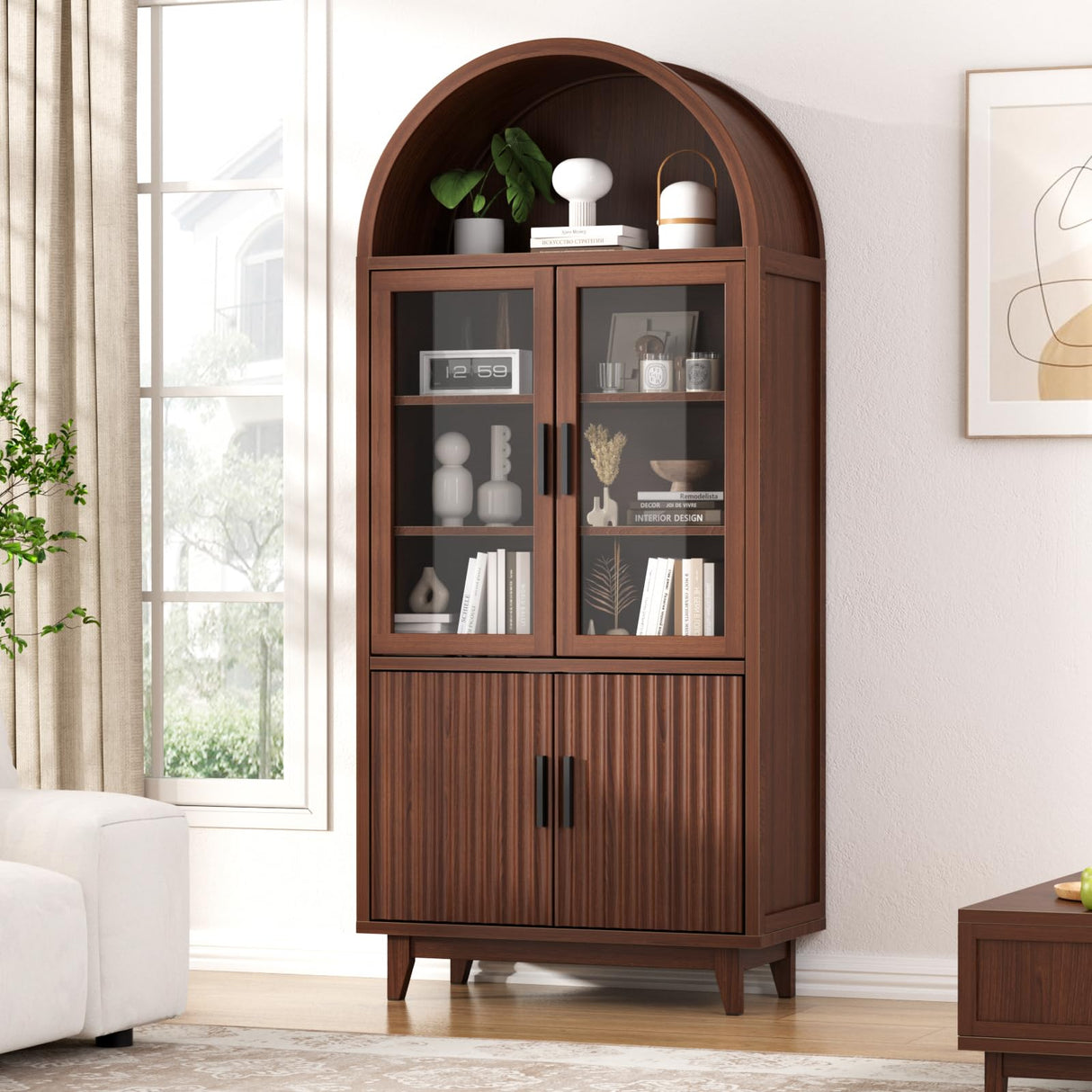 FiveWillowise 71" Tall Arched Cabinet with Glass Doors, Fluted Pantry Cabinet with Solid Wood Legs, Modern Accent Furniture for Living Room, Kitchen, Dining Room, Entryway, Walnut FiveWillowise