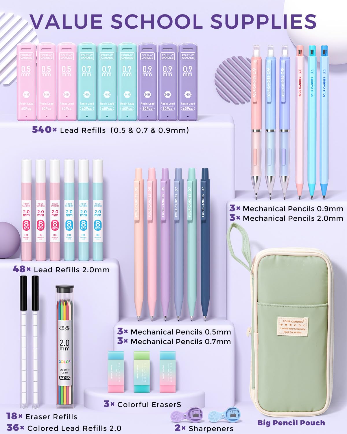 Four Candies 36PCS Aesthetic School Supplies, Mechanical Pencil Set 0.5mm, 0.7mm, 0.9mm & 2.0mm with 624 Lead Refills, Back to School Supplies for Writing & Drawing, Ideal Stationary Set Gift (Green) Four Candies