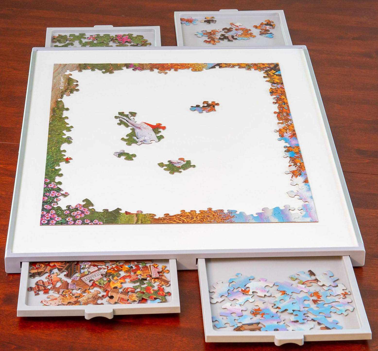 Bits and Pieces - 1000 Piece Puzzle Board with Drawers - Standard Pro Plateau - Lightweight Tabletop Deluxe Jigsaw Puzzle Organizer and Puzzle Storage System - WoodArtSupply