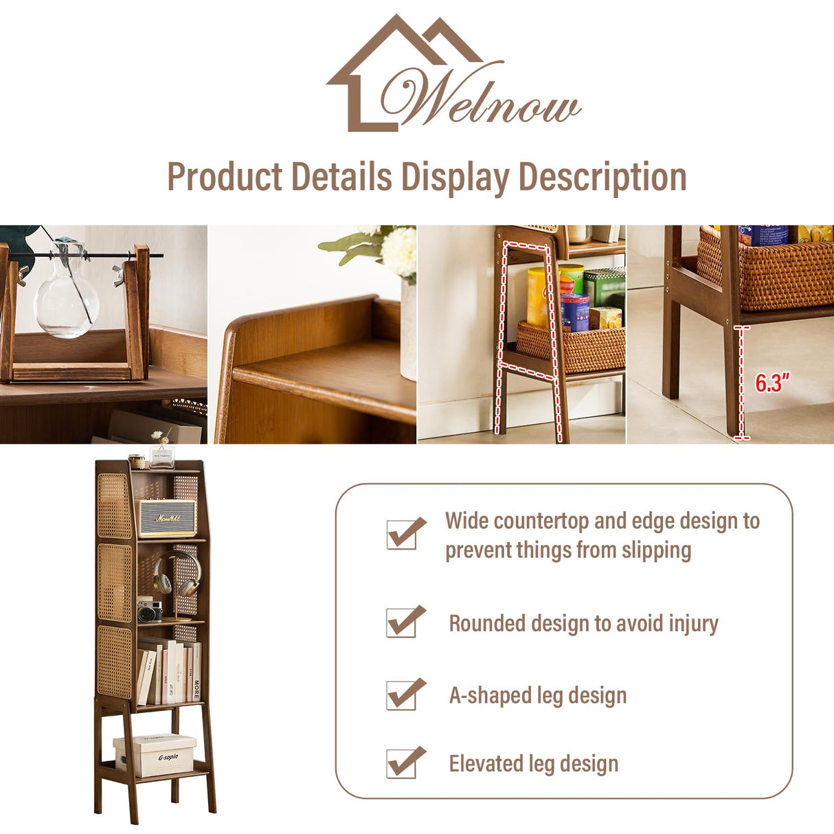 Welnow Bamboo Rattan Bookcase with Cabinet, 3-Tier Storage Shelf with Side Table & End Table Function, Large Modern Wood Organizer for Living Room or Bedroom, Walnut Bookshelf Welnow