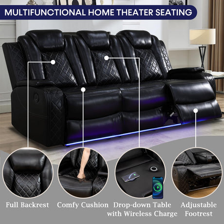 Caberryne Power Recliner Sofa Set with LED Lights,Leather Reclining Sofa and Loveseat Set with USB Port/Cup Holder,Living Room Furniture Set for House/Home Theater(2 Piece Set,Black) Caberryne