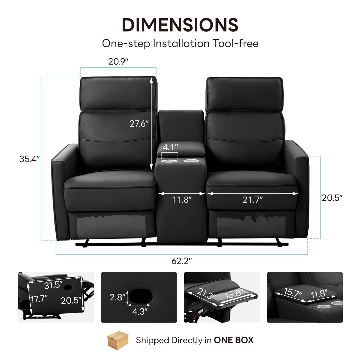 LIKIMIO 62.2" Loveseat Recliner Sofa with Console/Cup Holders, Wall Hugger Faux Leather Chair/RV Double Theater Seats/RV Furniture, Black LIKIMIO