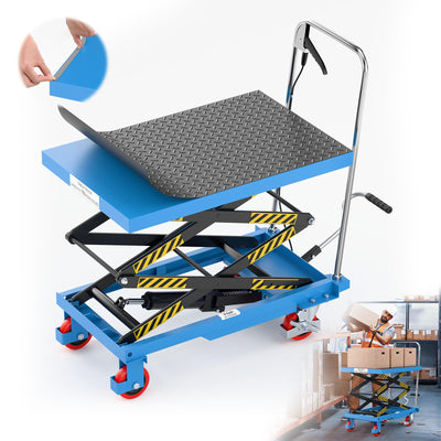 Hydraulic Lift Table Cart, Double Scissor Lift, 330 Lbs Capacity, 50" Height with Non-Slip Pad, 4 Safety Bumper PU Wheels, Ideal for Home, Garage, Supermarket, Factory, Warehouse, Construction