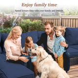 GREZJXC 7 Pieces Outdoor Sectional Patio Furniture Set with Fire Pit Table PE Rattan Wicker Patio Sectional Conversation Set with Cushion Navy Blue GREZJXC
