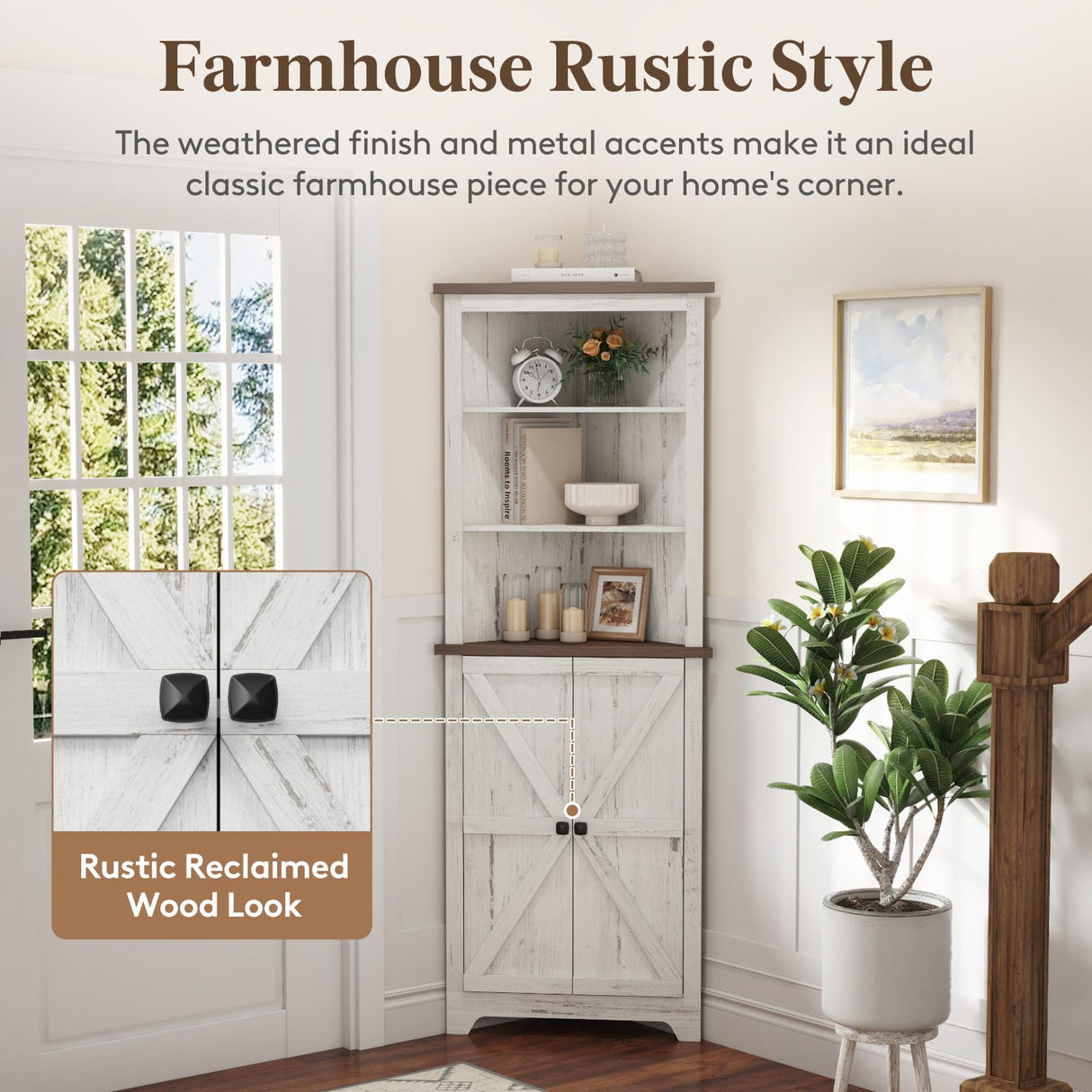 Lifewit Tall Corner Cabinet, Farmhouse Storage Cabinet with Barn Door Design & Adjustable Shelves, Home Space Saver for Bathroom, Living Room, Rustic White Lifewit