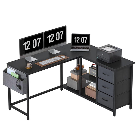 Treesland Black L Shaped Desk with Drawers and Storage Shelves for Home Office - WoodArtSupply