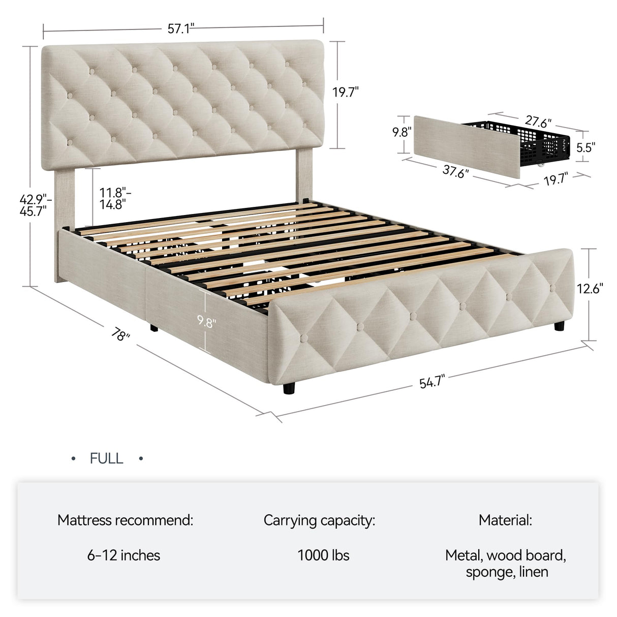 GAOMON Full Size Bed Frame with 4 Storage Drawers and Headboard, Linen Upholstered Platform Bed Frame with Wooden Slats Support, Diamond Stitched Button Tufted, No Box Spring Needed, Beige GAOMON