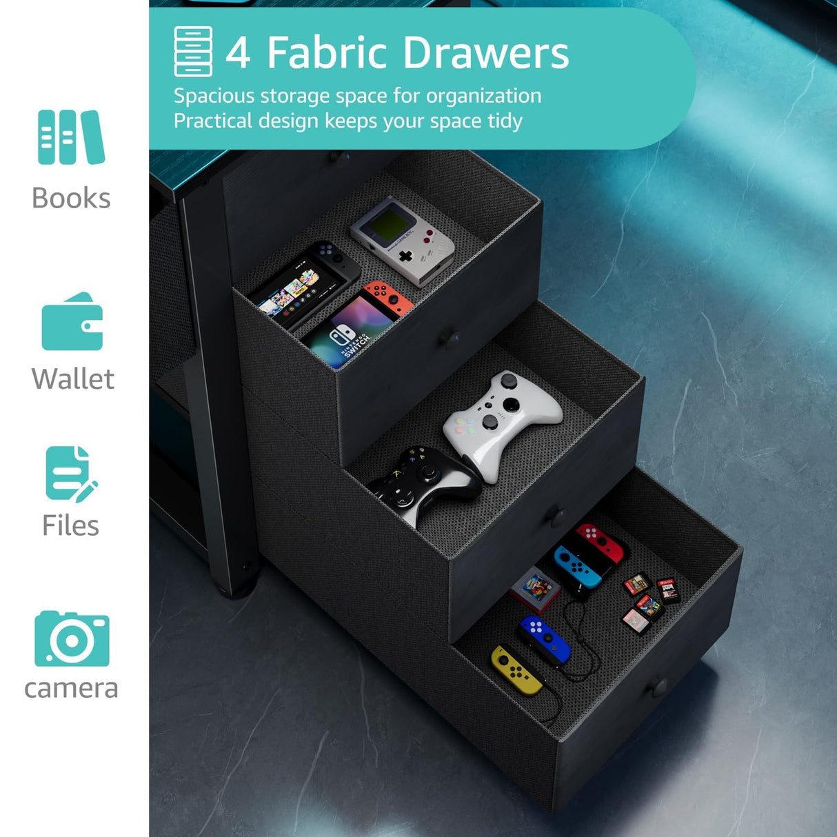 Lufeiya L Shaped Gaming Desk with Led Lights and Power Outlets, 47 Inch Writing Study Computer Desks with Fabric Drawers for Bedroom, Corner Home Office Desk with Monitor Stand Shelves, Black Lufeiya