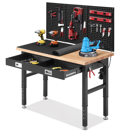 ENJOYWOOD Work Bench with Storage Adjustable Workbenches with Drawer for Garage 48 Inch Rubber Wood Top Garage Workbench with Pegboard, Power Outlets for Woodworking,Home, Office, Workshop ENJOYWOOD