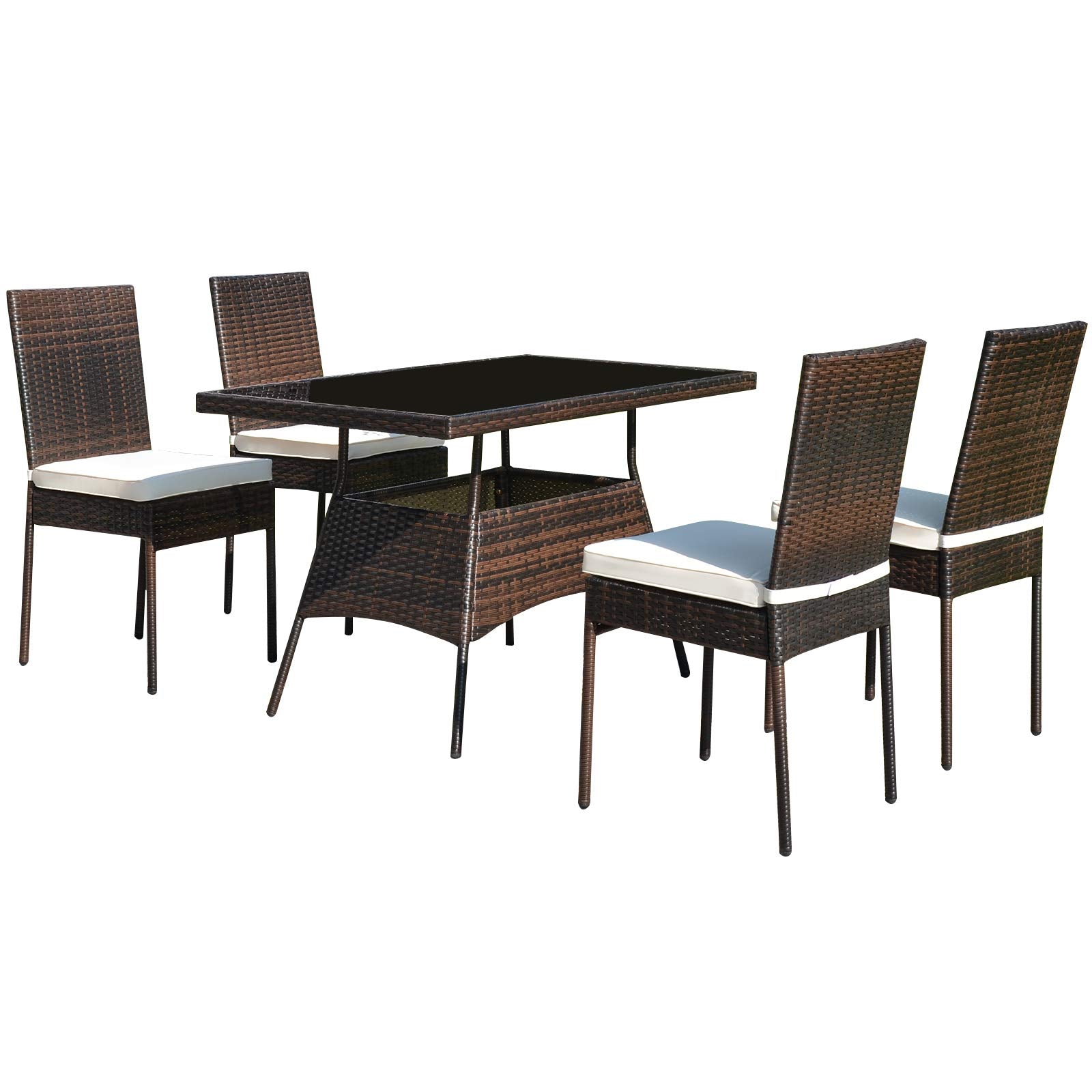 Tangkula 5 Piece Patio Wicker Dining Set, Outdoor Rattan Table and Chairs with w/Tempered Glass Table Top & Padded Cushions, Wicker Patio Conversation Furniture Set for Balcony Patio Garden P - WoodArtSupply