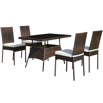 Tangkula 5 Piece Patio Wicker Dining Set, Outdoor Rattan Table and Chairs with w/Tempered Glass Table Top & Padded Cushions, Wicker Patio Conversation Furniture Set for Balcony Patio Garden P - WoodArtSupply