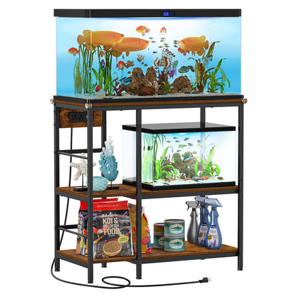 Snughome Fish Tank Stand with Charging Station, 10-29 Gallon Aquarium Stands 3-Tier, Adjustable Fish Tank Shelf for Home Heavy Duty Metal 33.07" x 16.53" x 32.67", Rustic Brown