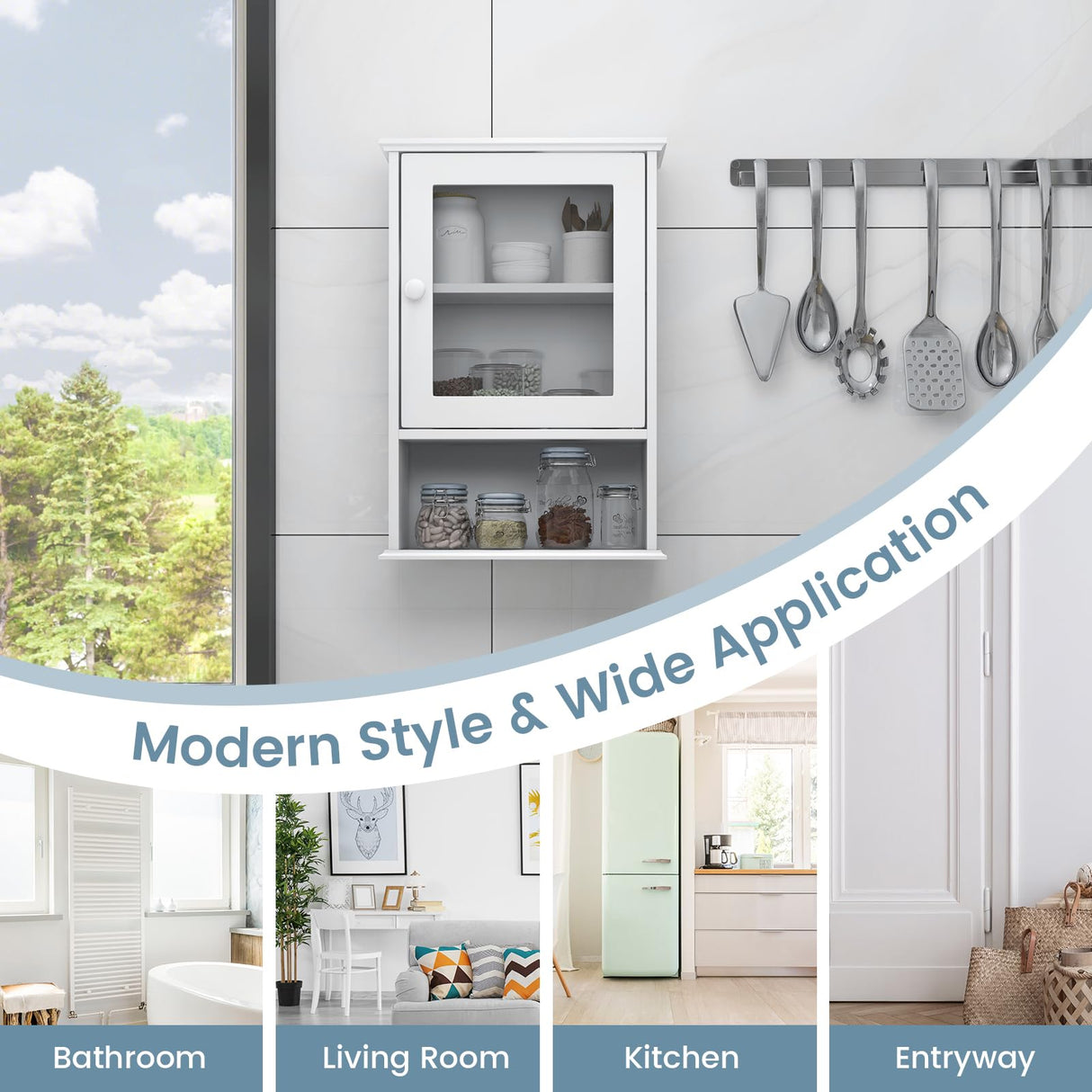 Tangkula Bathroom Cabinet, Wall Mounted Storage Organizer W/Door and Open Shelf, Hanging Medicine Cabinet, White Tangkula