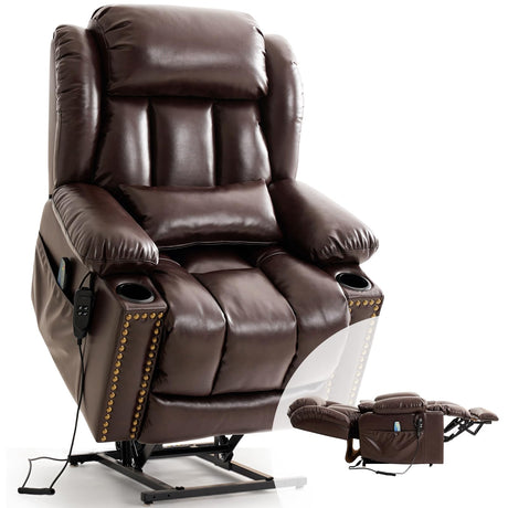 PARKOL Large Genuine Infinite Position Leather Power Lay Flat Lift Studded Recliner Chairs for Elderly, Dual Motor with Massage and Heating,Extended Footrest, USB&Type-C Port Remote,Cup Holder,Brown PARKOL