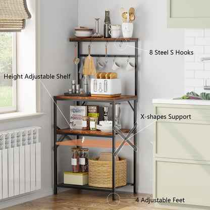 Korfile Kitchen Bakers Rack with Storage Shelves, Small Coffee Bar Table with 8 Hooks, 4 Tiers Microwave Stand Station with Adjustable Shelves, Freestanding Kitchen Appliance Organizer, Rustic Brown