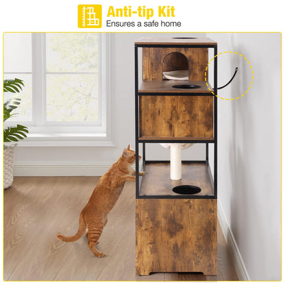 Aivituvin Cat Litter Box Enclosure, Litter Box Furniture Hidden, Wooden Cat Washroom Furniture, Indoor Cat House with Condo, Hammock, Scratching Mat and Storage Shelves