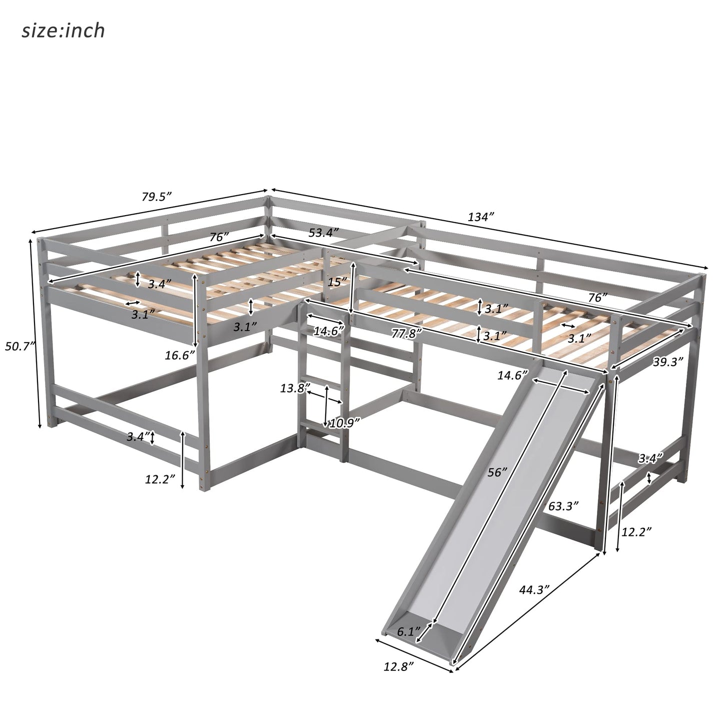 MhaRt Quad Bunk Beds,Wood L-Shaped Bunk Beds with Slide and Ladder, 4 in1 Full and Twin Size Bunk Bed Compatible with 0, Teens, Adults,Grey,Modern Style, xx-921