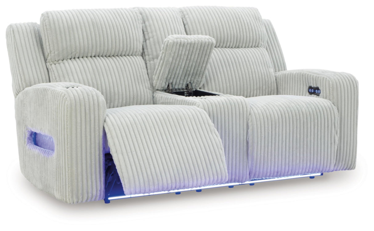 Signature Design by Ashley Broad Cove Modern Power Reclining Loveseat with Console, Adjustable Headrest and LED Lights, White Signature Design by Ashley