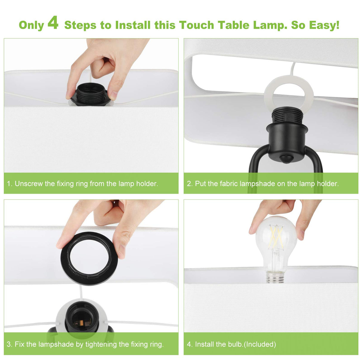 Bedside Touch Control Table Lamp with Dual USB Charging Ports 1 AC Outlet, 3 Way Dimmable Modern Nightstand Lamp with White Fabric Shade, Desk Lamp for Bedroom Living Room Office with 5000K LED Bulb Lakumu