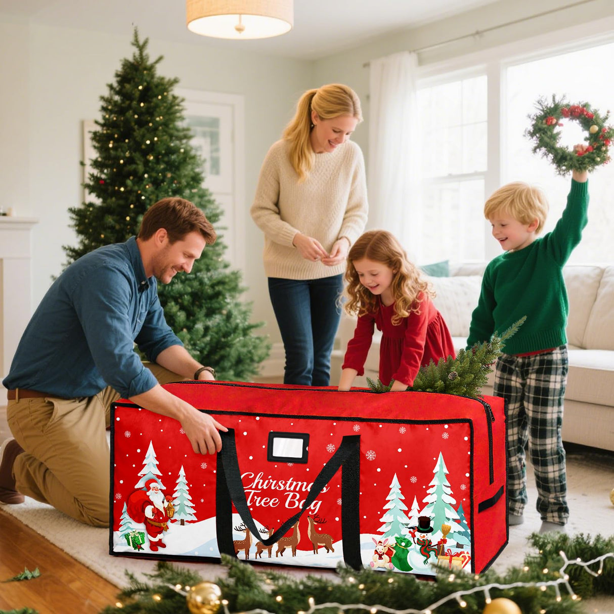 Christmas Tree Storage Bag, Fits Up 7.5 Ft Christmas Tree Durable 600D Oxford Holiday Storage Container with Wide Opening Dual Zippers (Reindeer) Stadupimry
