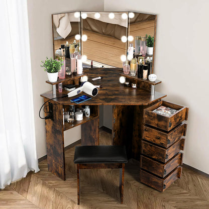 VOWNER Vanity with Lights - Makeup Vanity Desk with Power Outlet, 3 Color Lighting Options Brightness Adjustable, Vanity Table with 5 Rotating Drawers, Shelves and Stool for Bedroom, Rustic