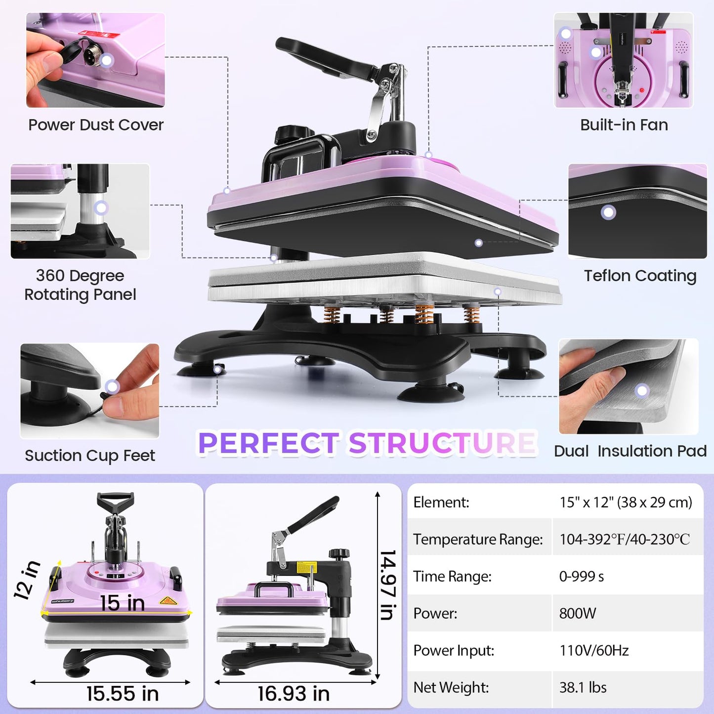 Whubefy Heat Press Machine 15x12 Shirt Press Machine with Tumbler Press/Hat Press - 5 in 1 Sublimation Heat Press Machine for T Shirts Cap Mug Plate - Swing Away Heat Transfer Tshirt Printing Machine