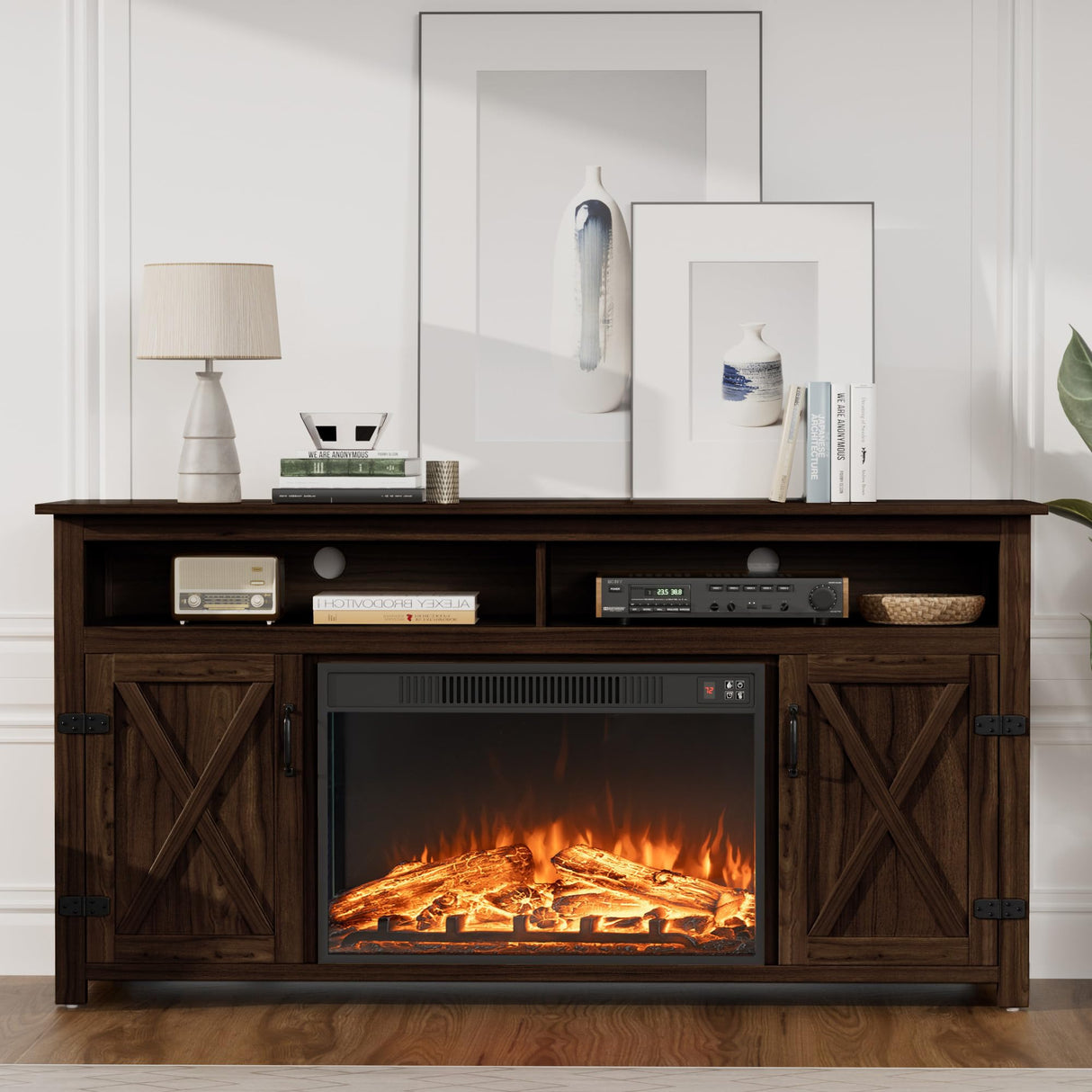 JUMMICO Fireplace TV Stand for TVs Up to 65+ Inch Entertainment Center with Open Storage Shelves and Side Cabinets, Media Console Table with Barn Doors for Living Room (Walnut) JUMMICO