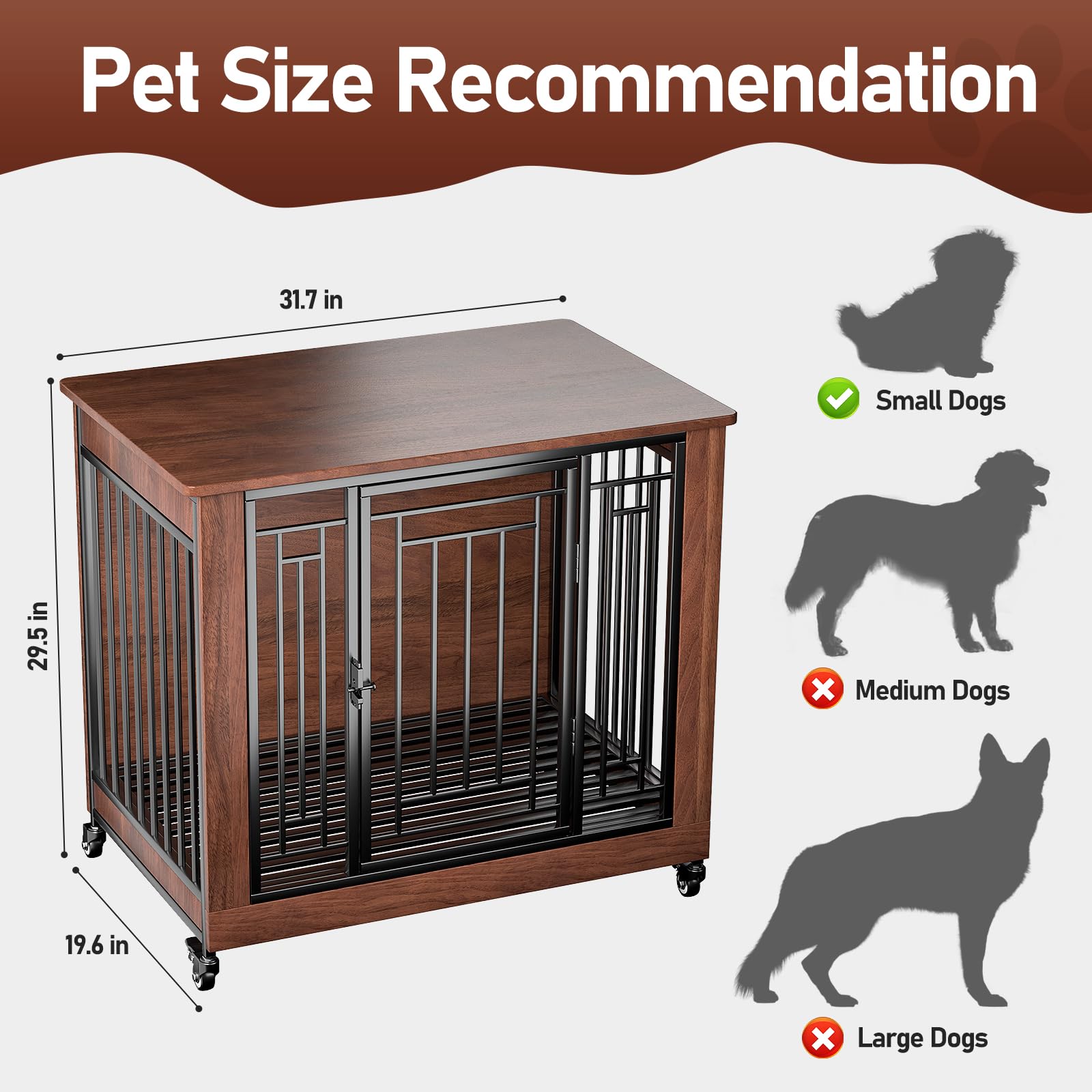 Dog Crate Furniture, 32" Dog Kennel Furniture, Small Dog Kennel Indoor, Dog Crates for Small Dogs, Wooden Dog Crate with Wheels, Tray, Feeding Window - WoodArtSupply