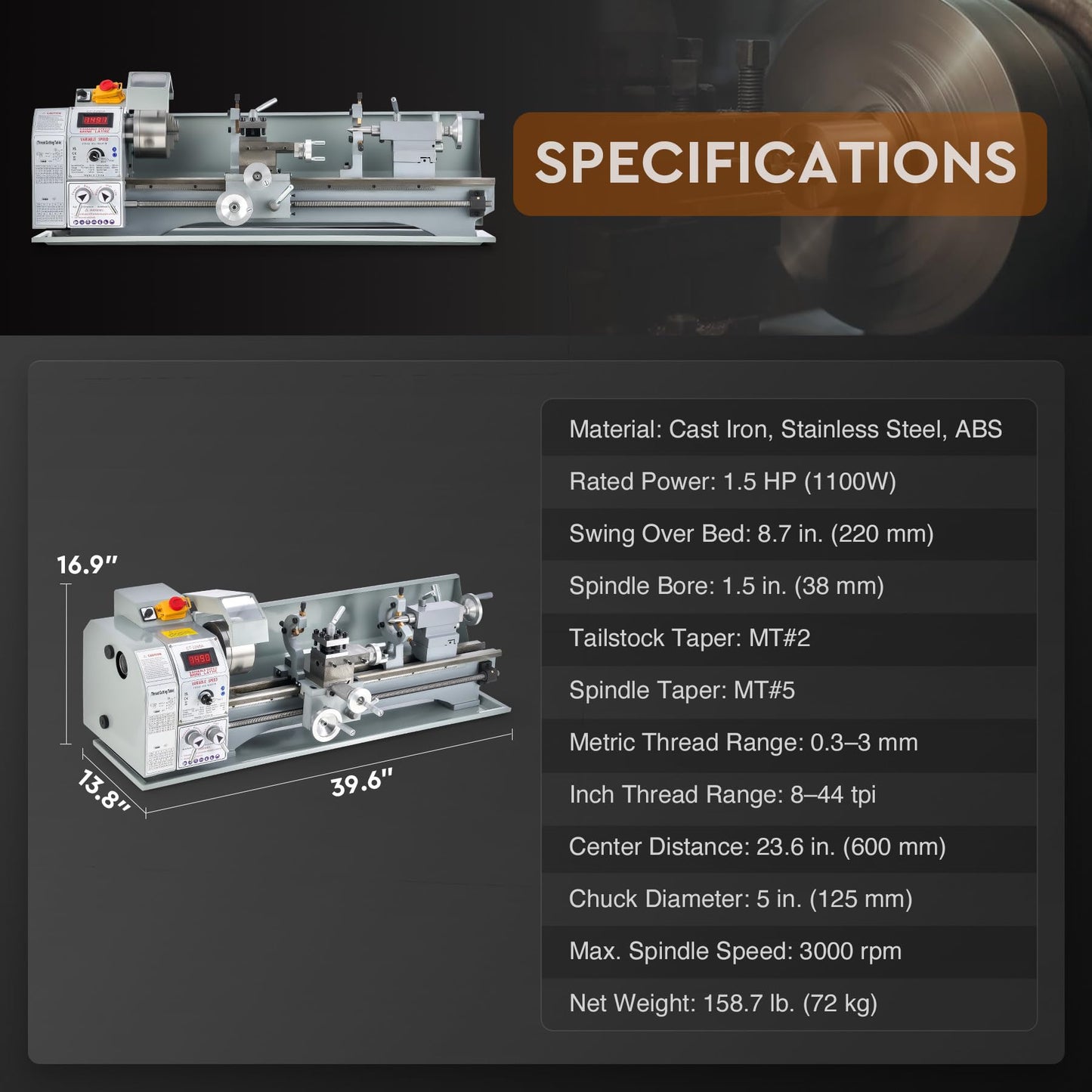 CREWORKS Mini Metal Lathe, 9" x 24" Benchtop Metal Lathe with 3 Jaw Chuck and 3000rpm Max. Spindle Speed, 1100W Metalworking Machine with LCD Display, Metal Lathe Machine - WoodArtSupply