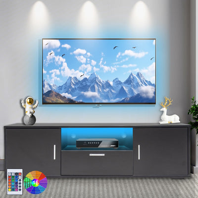 SPRKLINLIN Modern LED TV Stand for 55 Inch TV, Entertainment Center with 4 Storage Drawer and Open Shelves, TV Console Table for Living Room, Bedroom (Black, 55 inch)