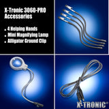 X-Tronic 3060-PRO • 75W Soldering Iron Station Kit • 5 Extra Tips • Mini Mag Lamp • 4 Helping Hands • Solder Sucker • Tweezers • 50g Solder • Brass Sponge w/Flux • Sleep Func, °C/°F, 3 Temp Presets! X-TRONIC